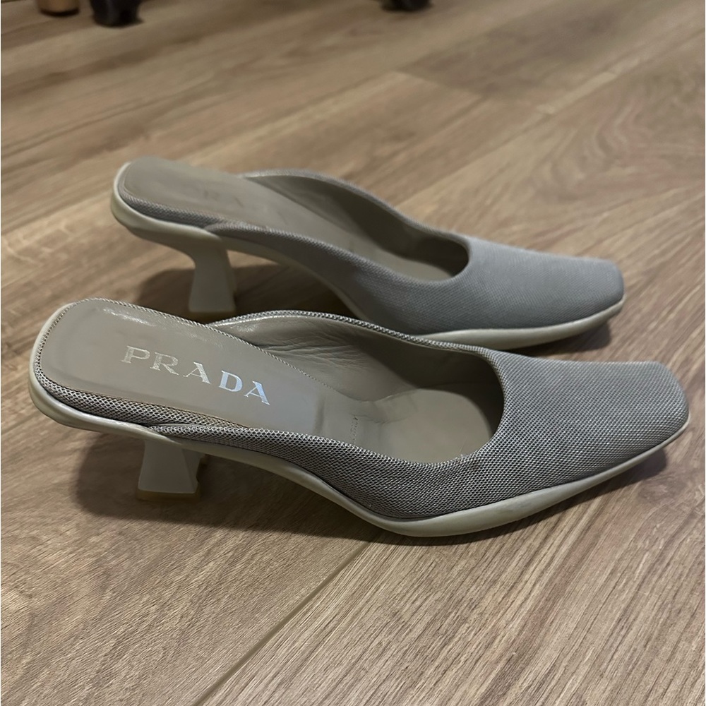 PRADA grey mesh kitten heels